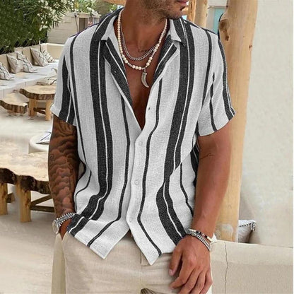 Men’s Short Sleeve Button-Up Shirt | Lightweight Linen Blend | Vertical Stripe Summer Shirt