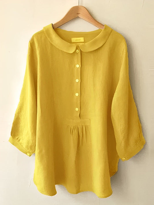 Linen Button-Front Blouse | 3/4 Sleeves & Peter Pan Collar | Relaxed Everyday Fit