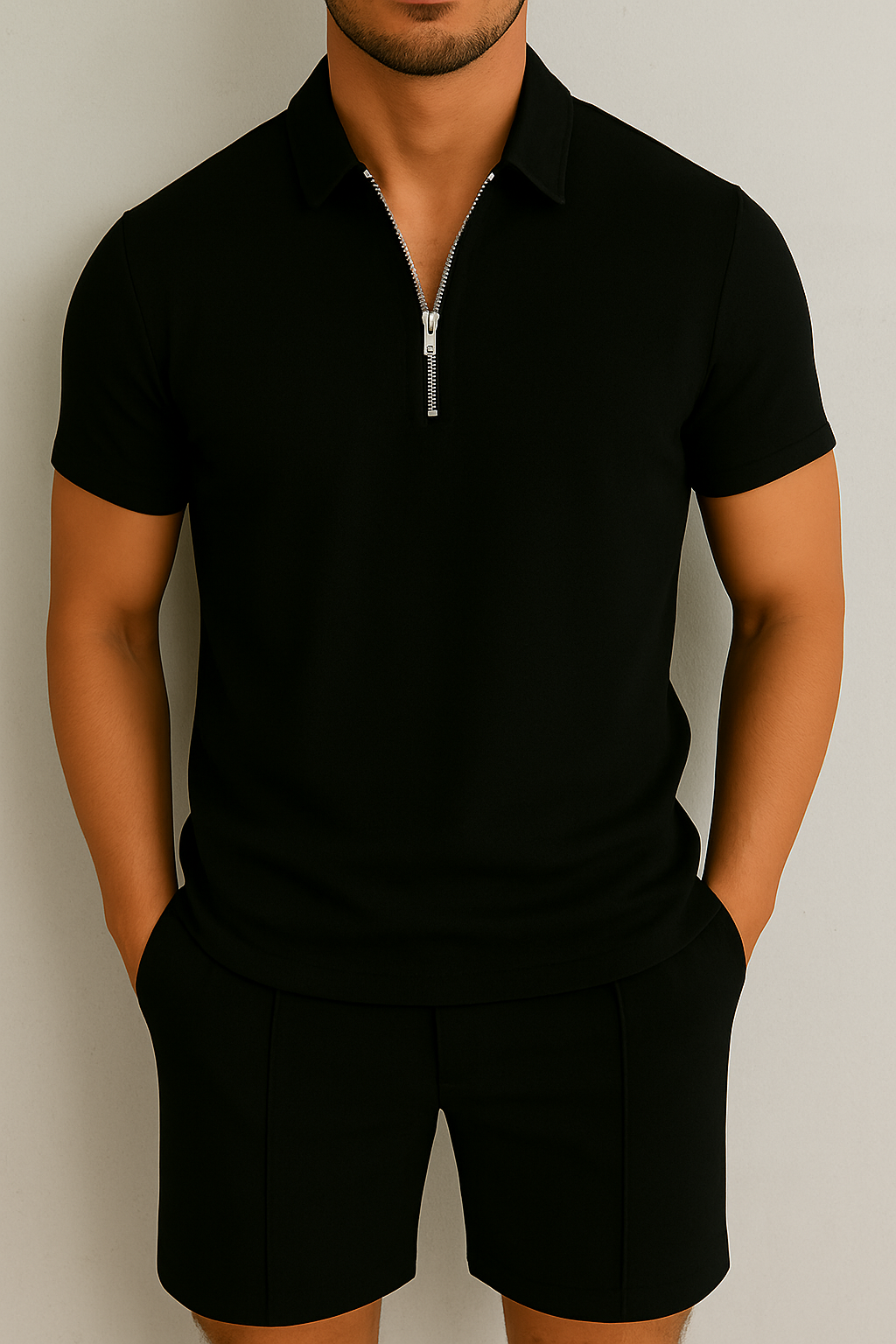 Men’s Zip Polo Knit Set | Textured Short-Sleeve Top & Lounge Shorts