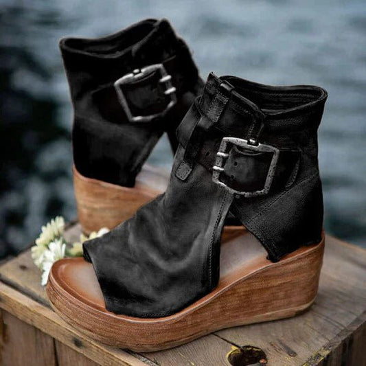 Open Toe Wedge Sandals | Buckle Strap Detail | Elevated Platform