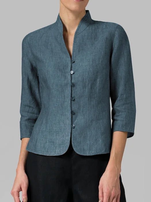 Mandarin Collar Button Blouse | 3/4 Sleeve | Tailored Linen Blend