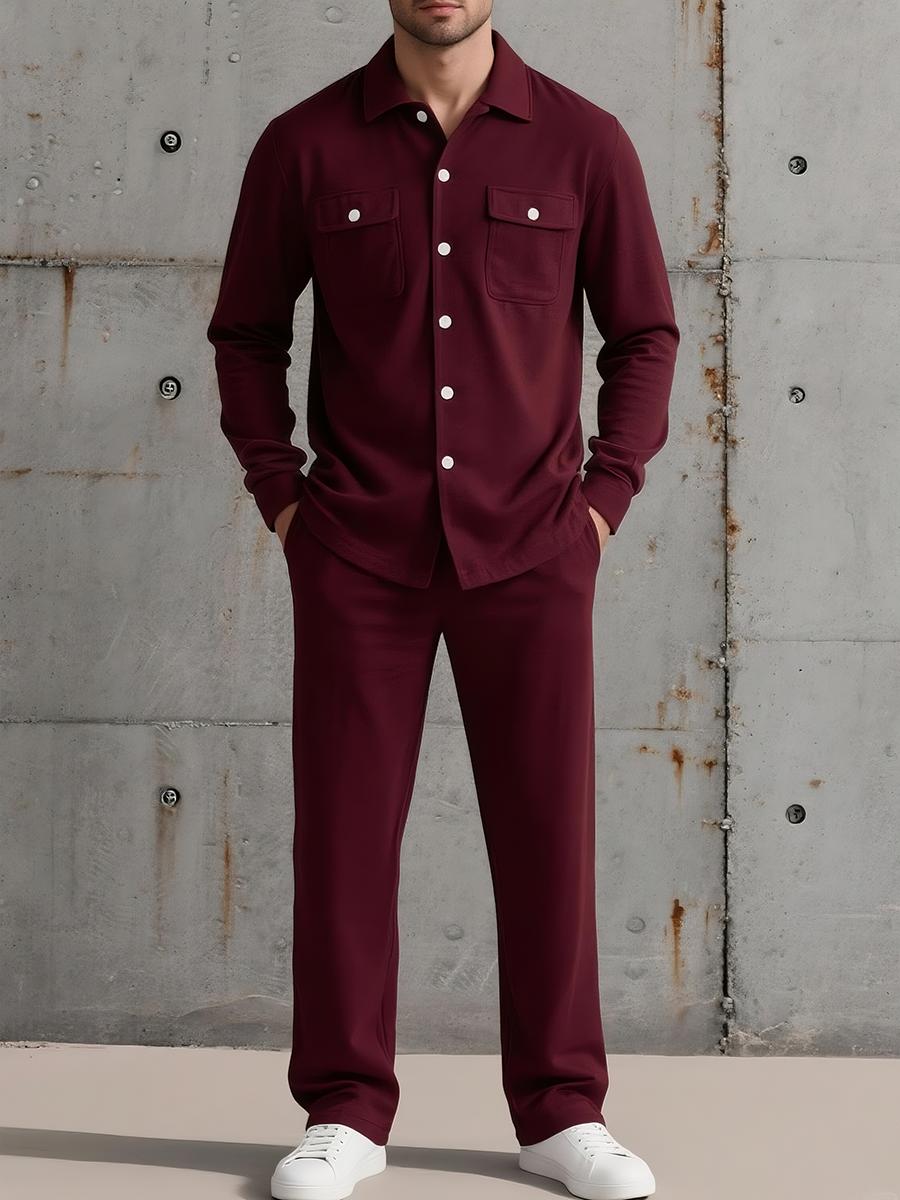 Men’s Two-Piece Lounge Shirt & Pants Set | Soft Knit Blend | Button-Up Long Sleeve