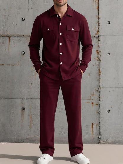 Men’s Two-Piece Lounge Shirt & Pants Set | Soft Knit Blend | Button-Up Long Sleeve