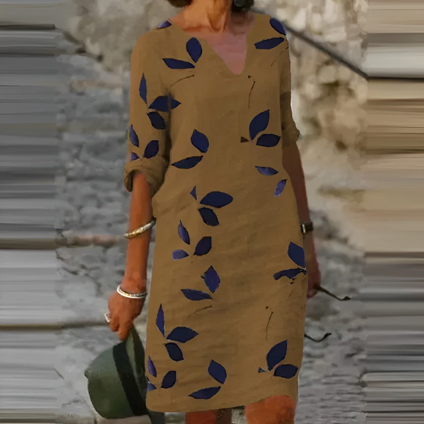 Leaf Print Linen Blend Dress | V-Neck | Casual Loose Fit