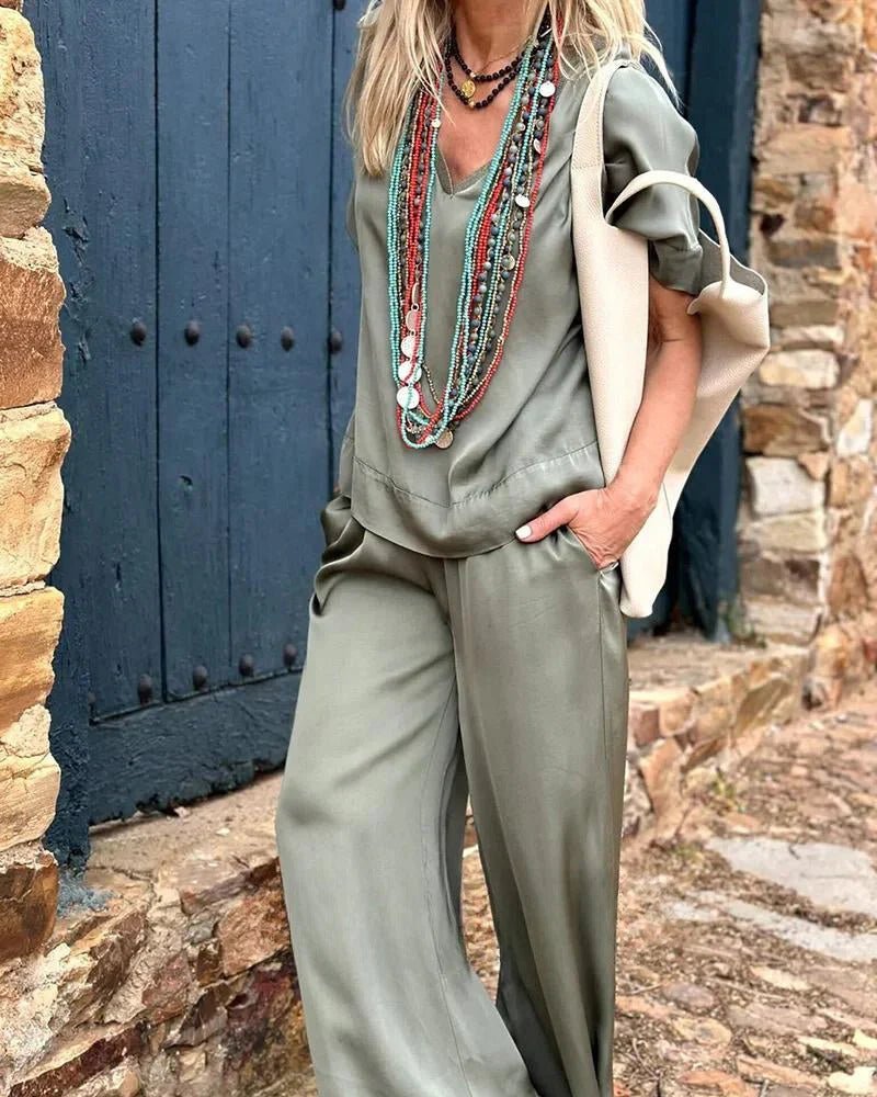 Wide-Leg Satin Lounge Set | V-Neck Top & Relaxed Trousers | Effortless Day-to-Night Look