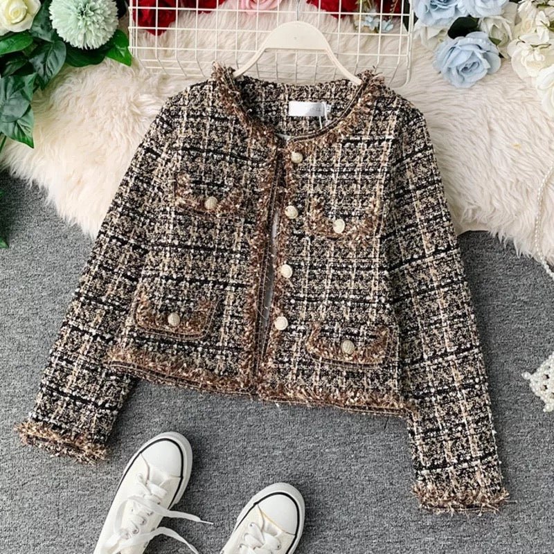 Cropped Tweed Jacket | Gold Button Accents | Classic Elegance | Sophisticated Layering