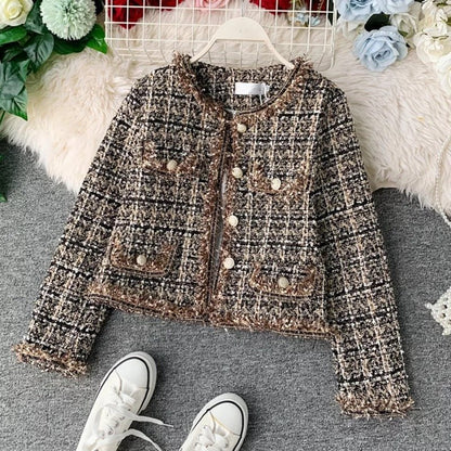 Cropped Tweed Jacket | Gold Button Accents | Classic Elegance | Sophisticated Layering