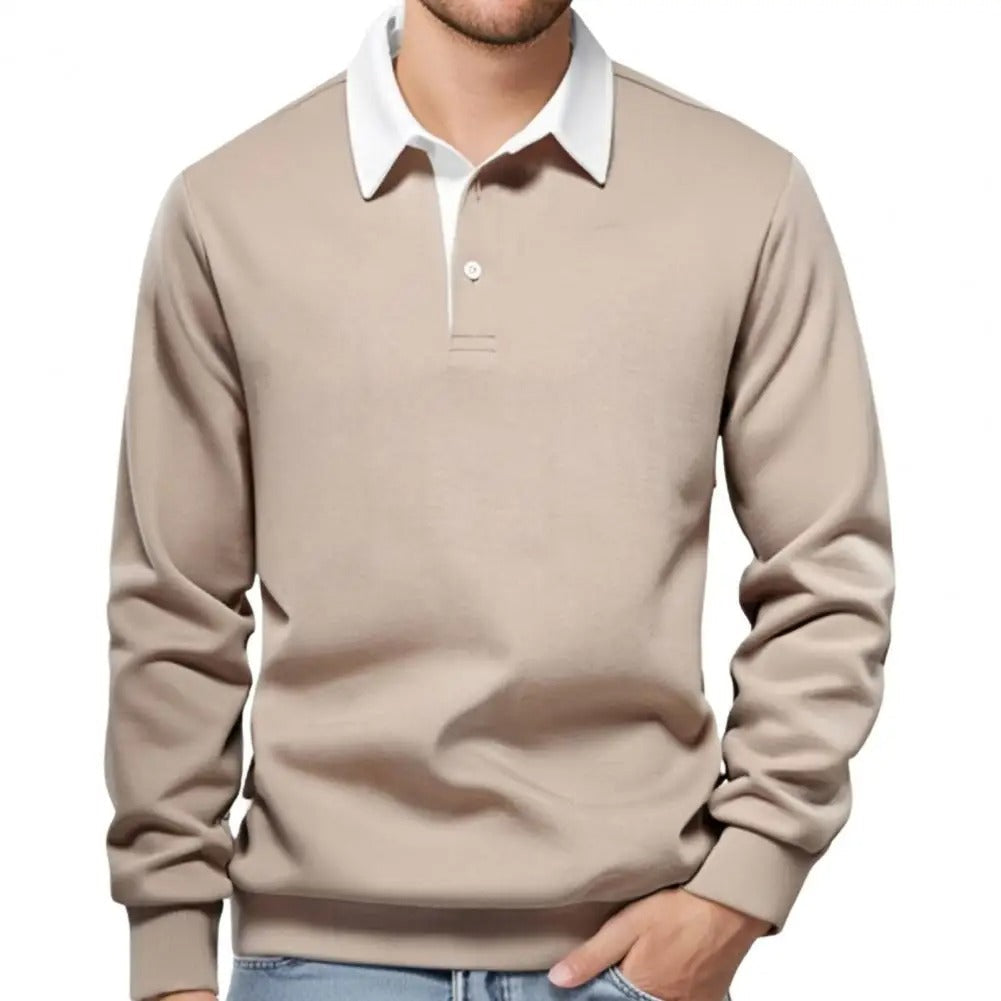 Men’s Long Sleeve Polo Sweatshirt | Ribbed Hem Rugby Style | Casual Smart-Collar Pullover