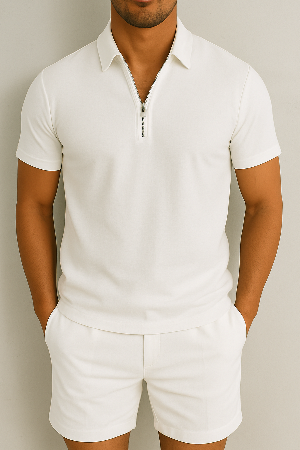 Men’s Zip Polo Knit Set | Textured Short-Sleeve Top & Lounge Shorts