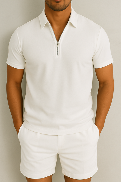 Men’s Zip Polo Knit Set | Textured Short-Sleeve Top & Lounge Shorts