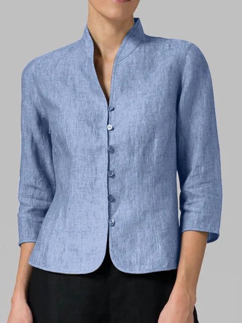 Mandarin Collar Button Blouse | 3/4 Sleeve | Tailored Linen Blend
