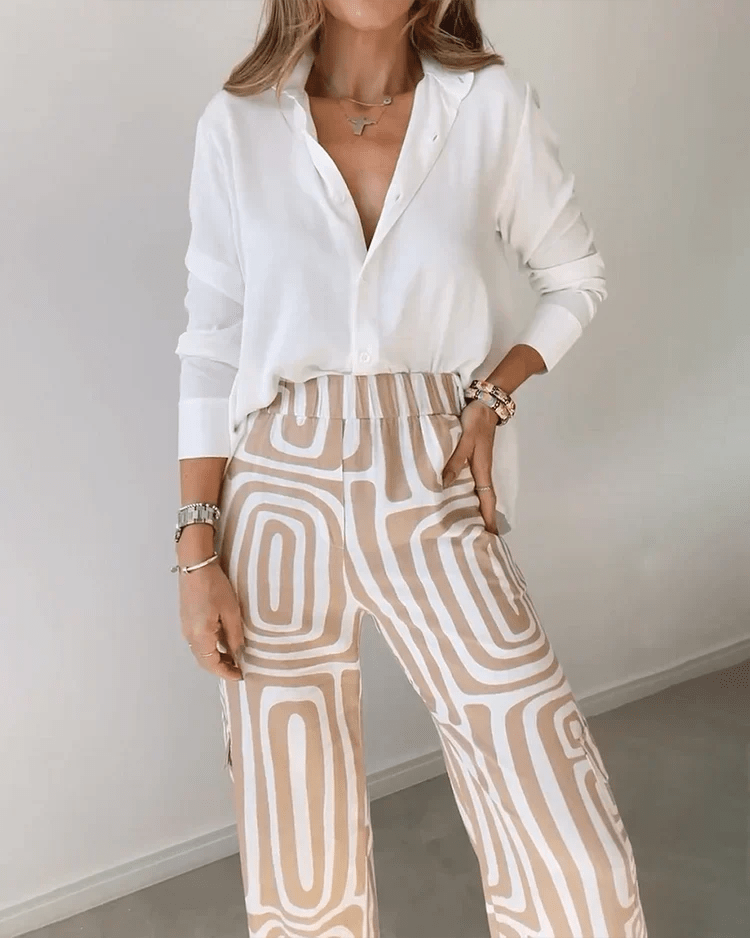 Geometric Print Wide-Leg Pants Set | Stretch Comfort | Casual-Chic Look