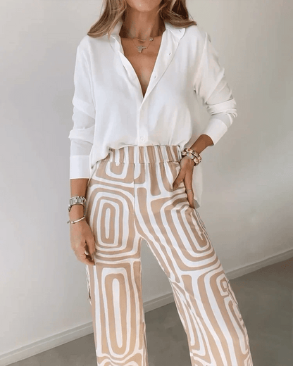 Geometric Print Wide-Leg Pants Set | Stretch Comfort | Casual-Chic Look