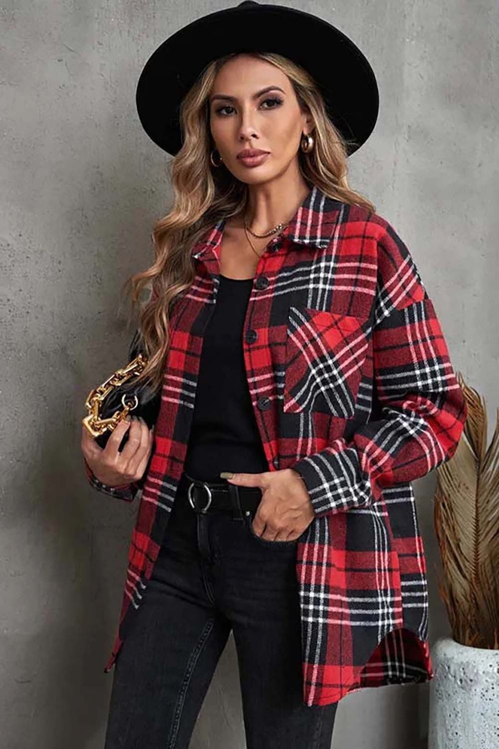 Plaid Button-Down Shacket | Versatile Layering Piece | Polyester Blend | Casual Outerwear
