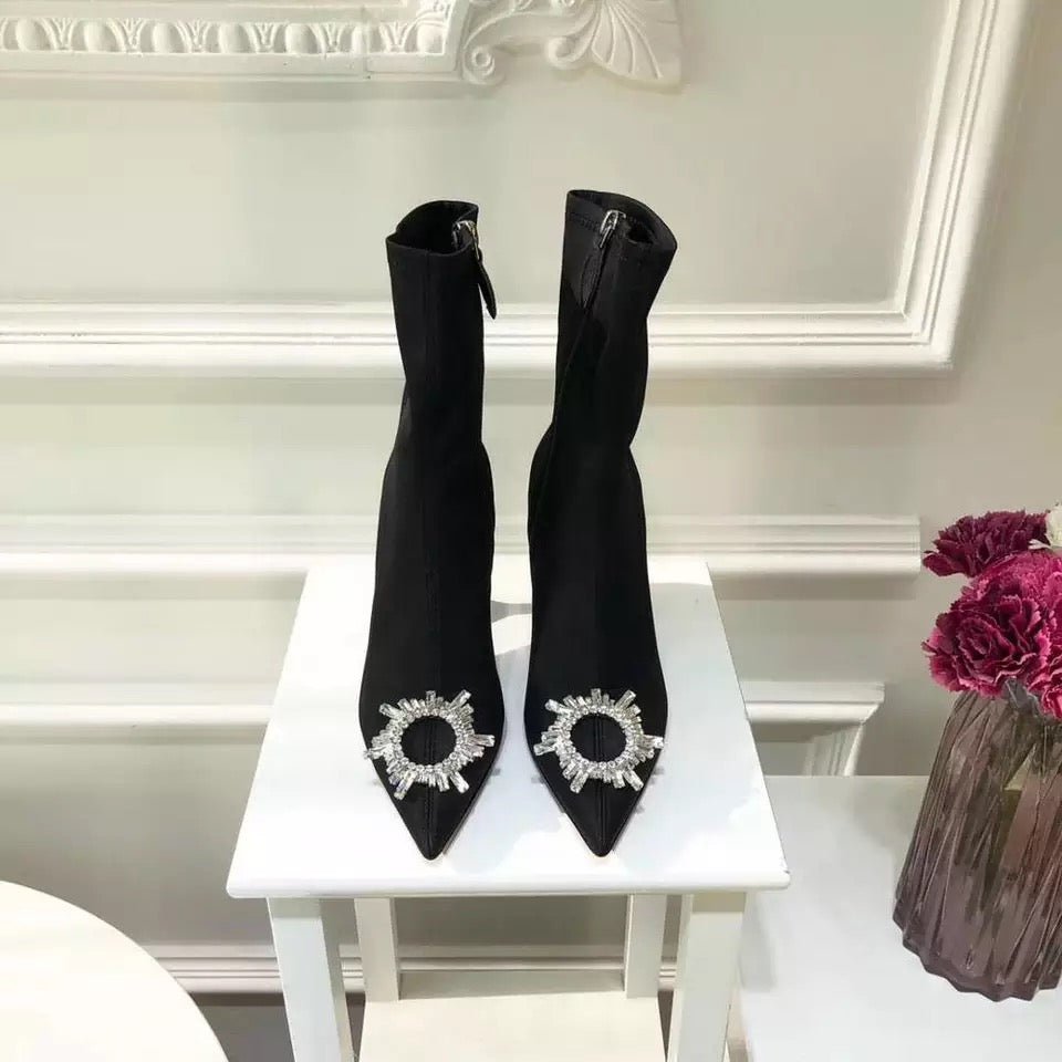 Embellished Pointed-Toe Ankle Boots | Sleek Design | Rhinestone Accent | Elegant Style