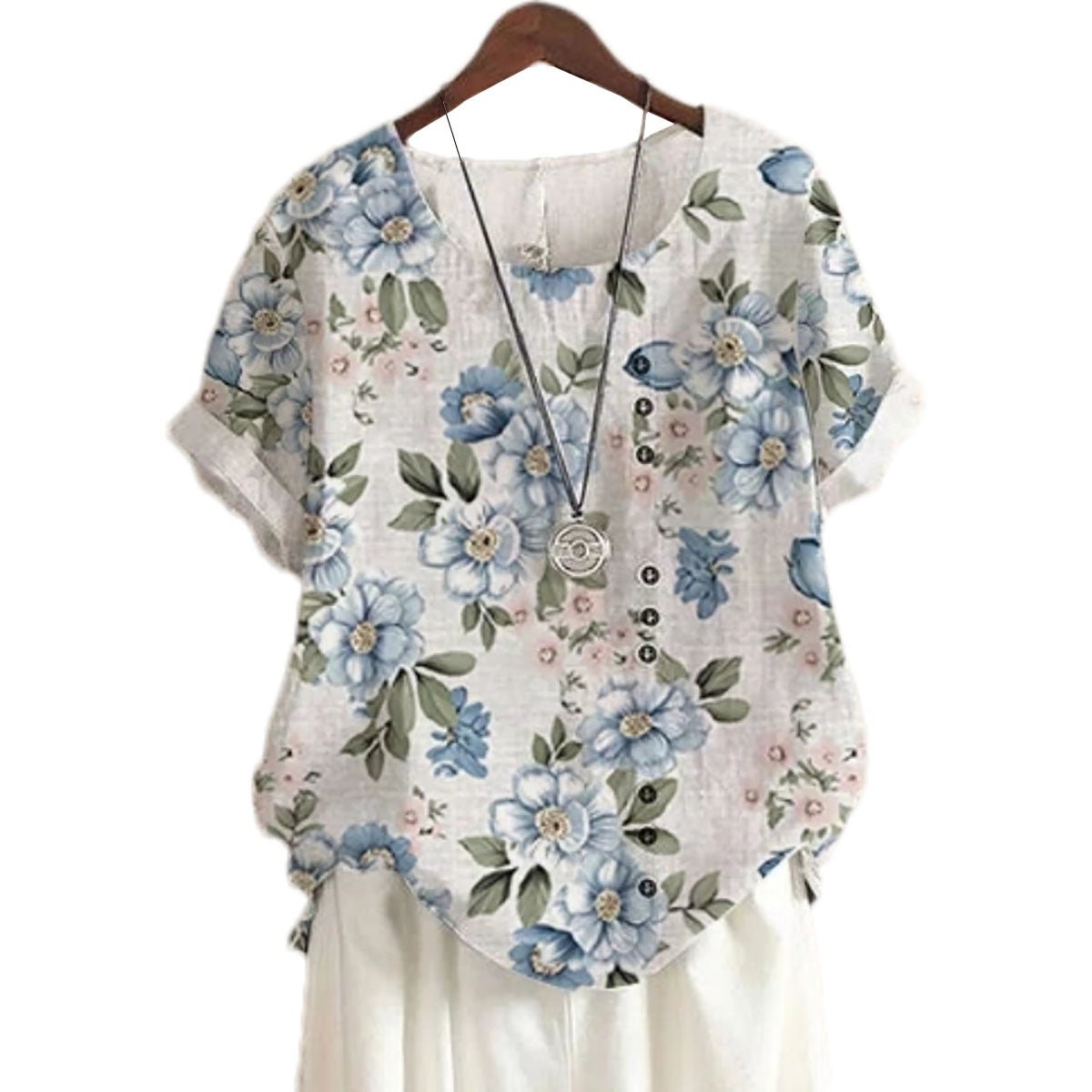 Floral Linen-Blend Short Sleeve Blouse | Casual Summer Top with Side Buttons