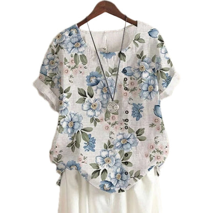 Floral Linen-Blend Short Sleeve Blouse | Casual Summer Top with Side Buttons