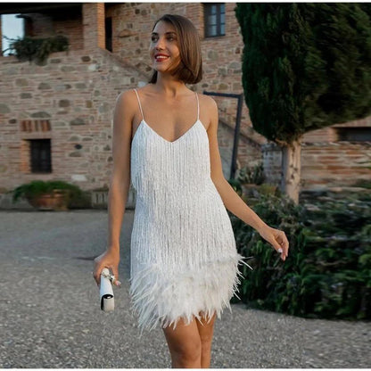Women's Sequin Feather Mini Dress | Spaghetti Strap Party Dress | Glam Night Out Outfit