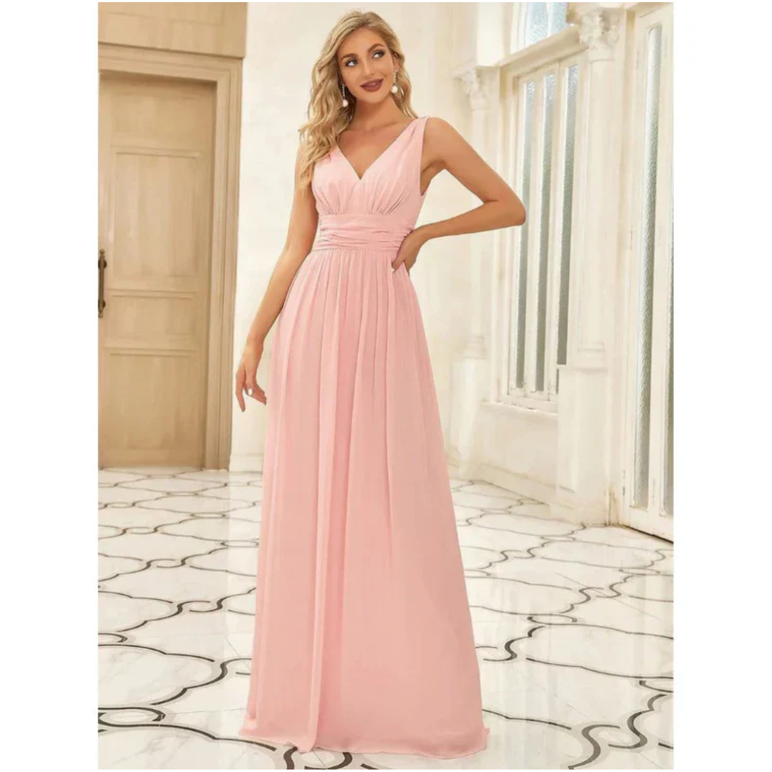 Sleeveless Pleated Chiffon Gown | V-Neck Formal Maxi Dress | Ruched Waist Detail