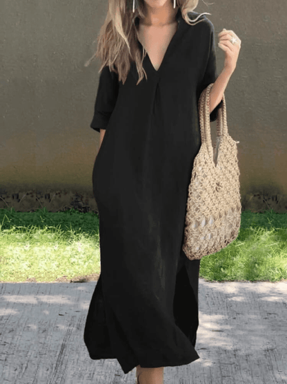 V-Neck Linen Midi Dress | Relaxed Fit | Side Slit Detail