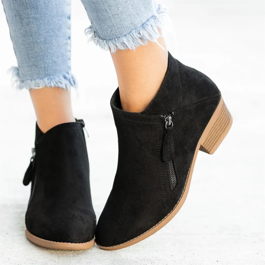 Suede Ankle Booties | Low Block Heel | Side Zip Casual Boots
