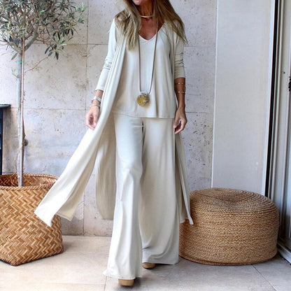 Women's 3-Piece Lounge Set | Long Duster Cardigan | Relaxed Wide-Leg Pants Outfit