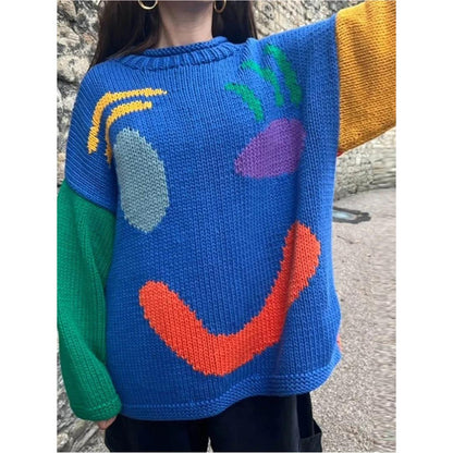 Oversized Knit Sweater | Abstract Face Embroidery | Art-Inspired Statement Pullover
