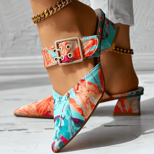 Pointed Buckle Strap Shoes | Bold Block Heel with Vibrant Floral Print