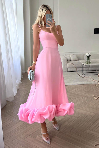 Ruffle-Hem Midi Dress | Spaghetti Straps & Fitted Bodice | Sky Blue Formal Look