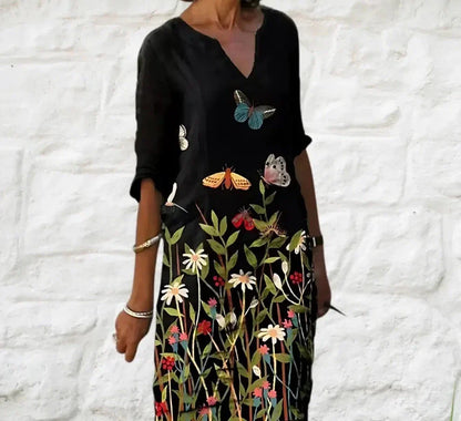 Floral & Butterfly Print Midi Dress | V-Neck | Lightweight Boho Style
