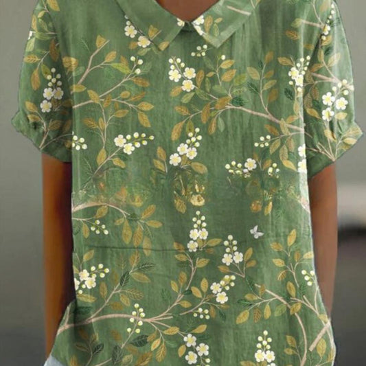 Floral Print Blouse with Peter Pan Collar | Lightweight Cotton Blend | Short Sleeve