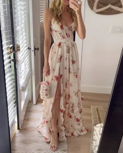Floral Corset Maxi Dress | Spaghetti Straps | Front Slit Detail