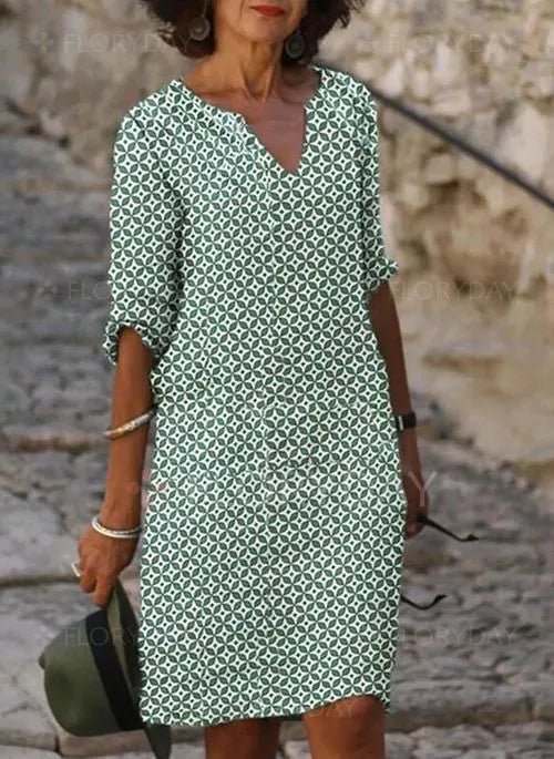Printed V-Neck Shift Dress | Roll Tab Sleeves | Easy Pullover Fit