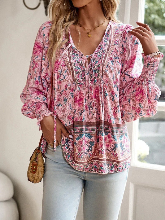 Boho Floral Peasant Blouse | Lightweight Rayon | Tie Neck Detail