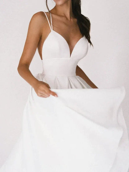 Plunge Neck A-Line Gown | Spaghetti Strap Maxi Dress | Elegant Bridal Silhouette