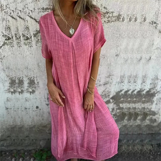 Oversized V-Neck Linen Dress | Raw Hem Midi | Breezy 3/4 Sleeve Fit