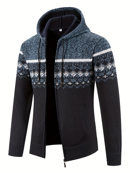Men’s Zip-Front Knit Hoodie Jacket | Nordic Pattern | Casual Cold-Weather Layer