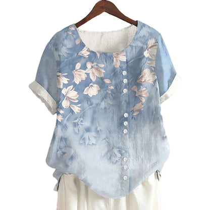 Floral Linen-Blend Short Sleeve Blouse | Casual Summer Top with Side Buttons