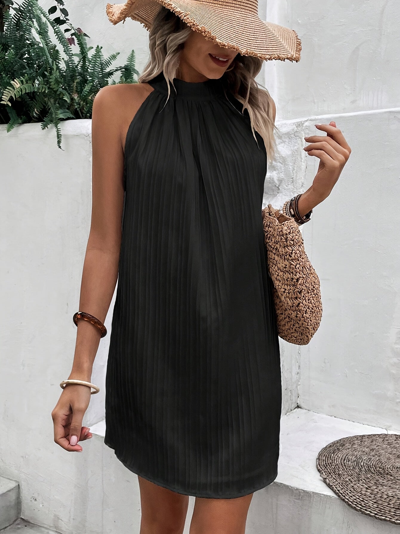 Pleated Halter Mini Dress | Lightweight Draped Fabric | Relaxed Summer Fit