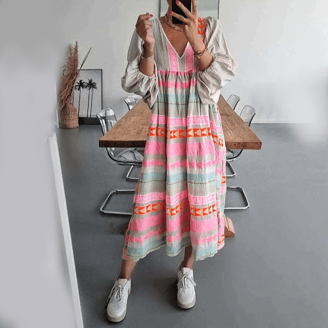 Boho Embroidered Midi Dress | Balloon Sleeve | Neon Tribal Accents