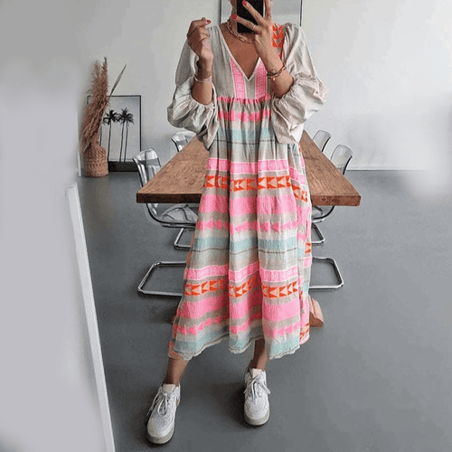 Boho Embroidered Midi Dress | Balloon Sleeve | Neon Tribal Accents