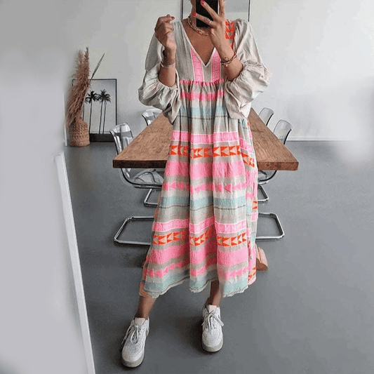 Boho Embroidered Midi Dress | Balloon Sleeve | Neon Tribal Accents