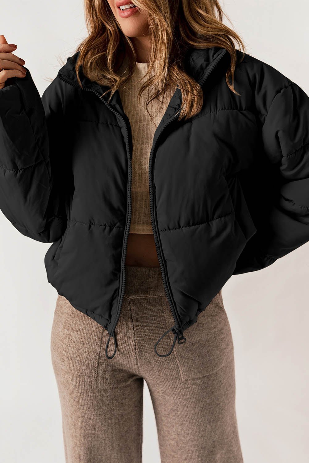 Cropped Puffer Jacket | Lightweight Warmth | Drawstring Hem | Casual Winter Style