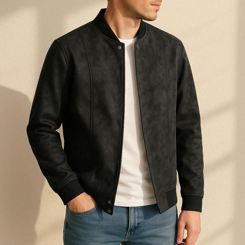 Men’s Suede Bomber Jacket | Zip-Front | Ribbed Hem & Cuffs