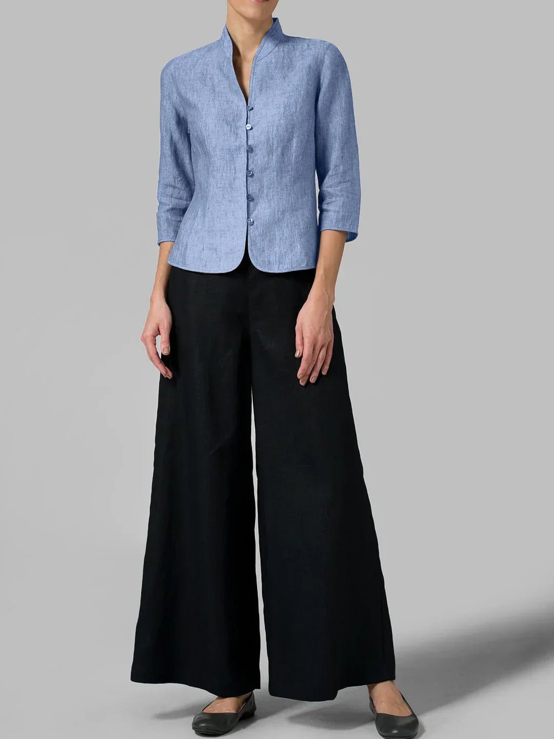 Mandarin Collar Button Blouse | 3/4 Sleeve | Tailored Linen Blend