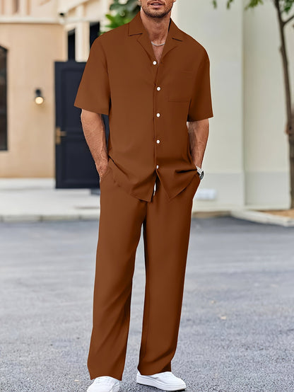Men’s Two-Piece Resort Set | Short Sleeve Button Shirt & Pants | Lightweight Casual Co-ord