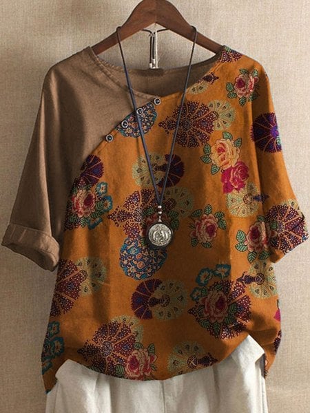 Asymmetric Floral Patchwork Tee | Relaxed Fit Linen Blend | Boho-Inspired Casual Top