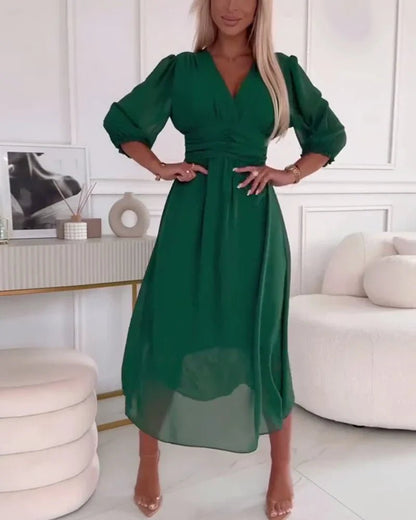 Chiffon Midi Dress | 3/4 Sleeve | V-Neck Ruched Waist Silhouette