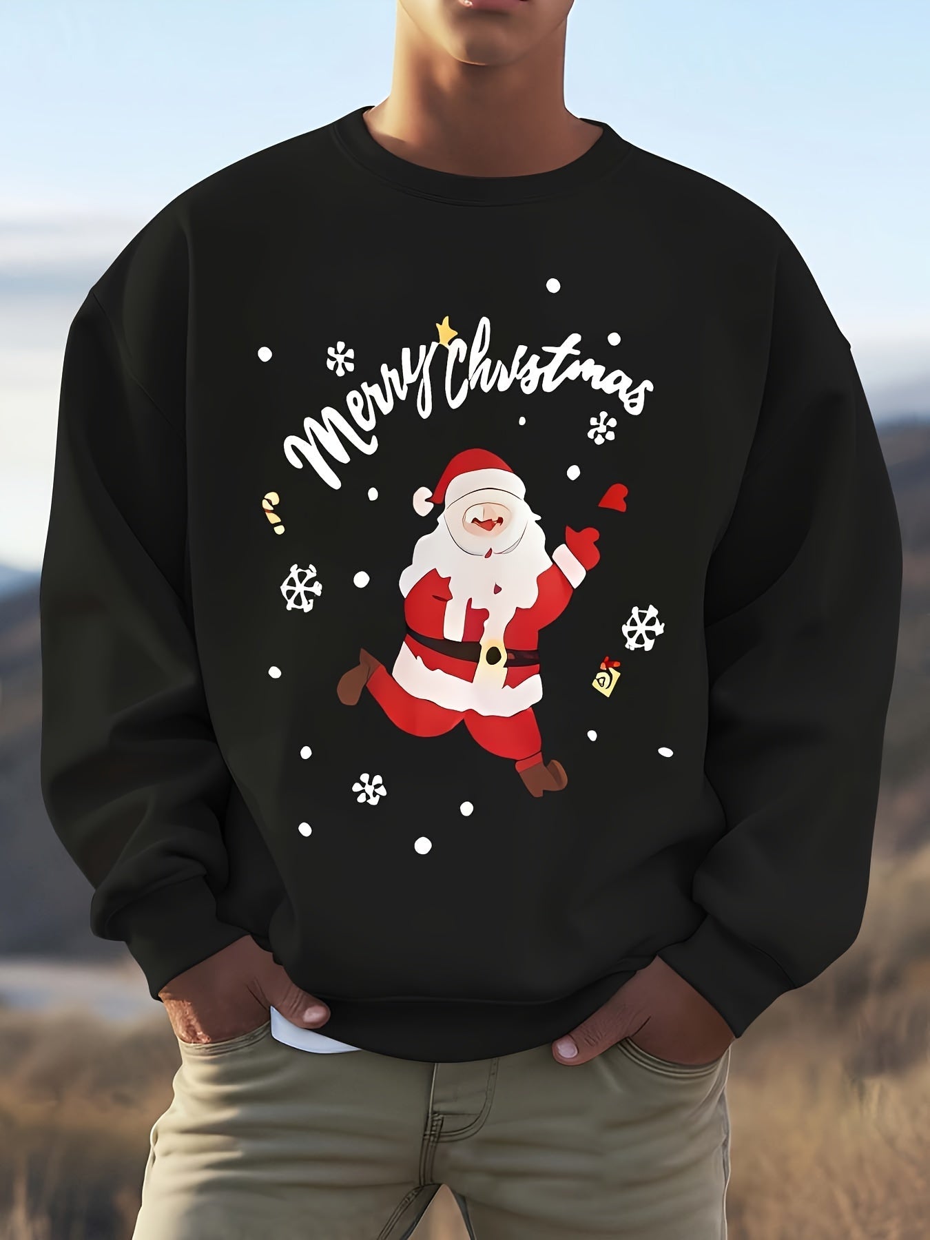 Men's Christmas Graphic Sweatshirt | Santa Print Pullover | Holiday Fleece Crew