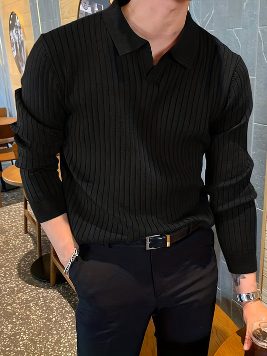 Men's Ribbed Knit Polo Shirt | Long Sleeve | Slim Fit Dress-Casual Top